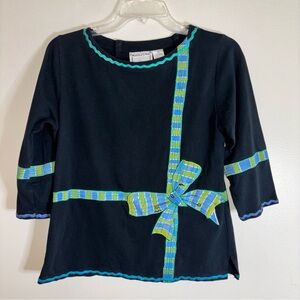 Michael Simon Lite Black 3/4 Sleeve Top Plaid Bow Appliqué Embroidered SZ Small